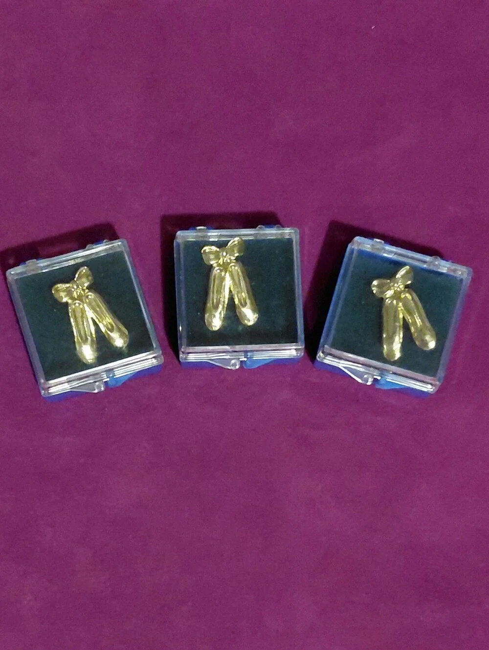 3 Vintage Ballet Slippers NWOT Chenille Pins Gold Tone Individual Cases Set Of 3
